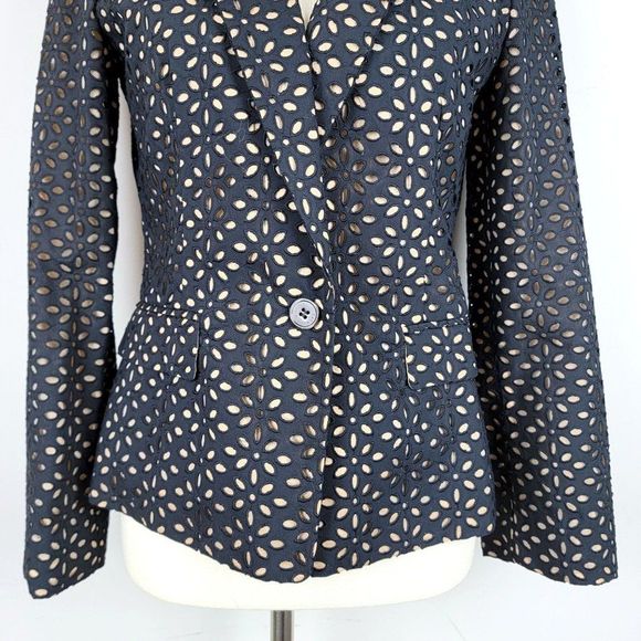 Michael Kors Made In Italy Black Caramel Cotton Silk Embroidered Cutout Blazer 6 - Picture 6 of 15